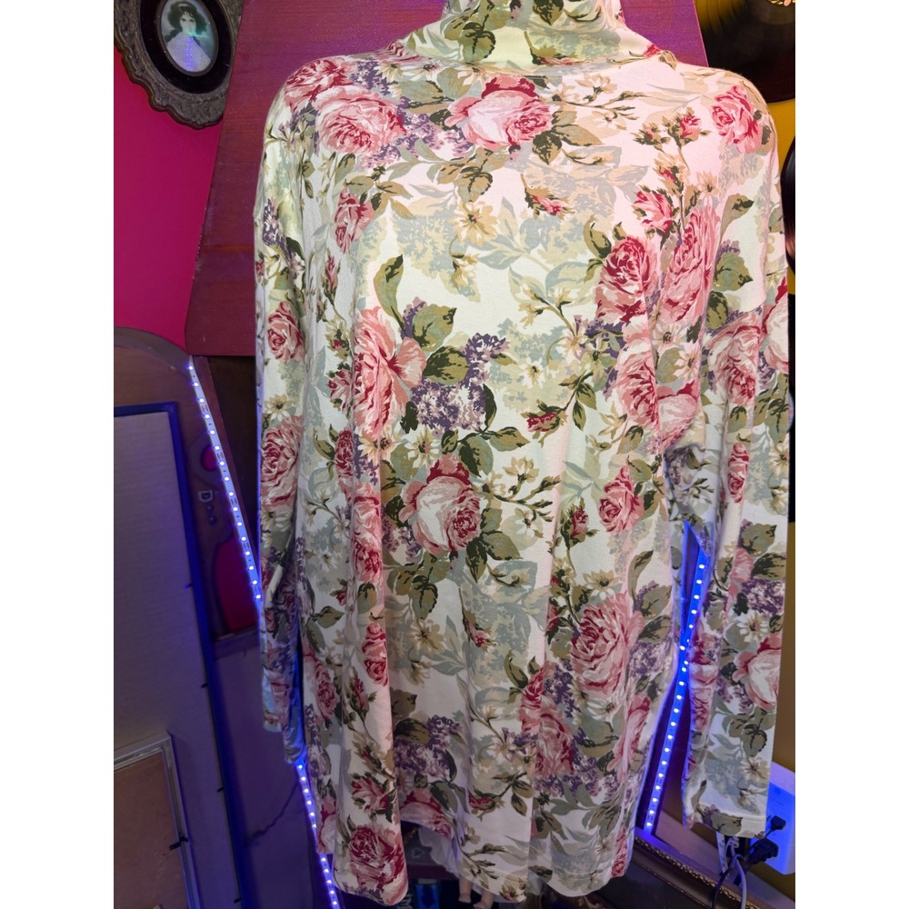 Eddie Bauer Floral Mock Neck Top Pink Rose Long Sleeve Cotton Shirt Women Medium
